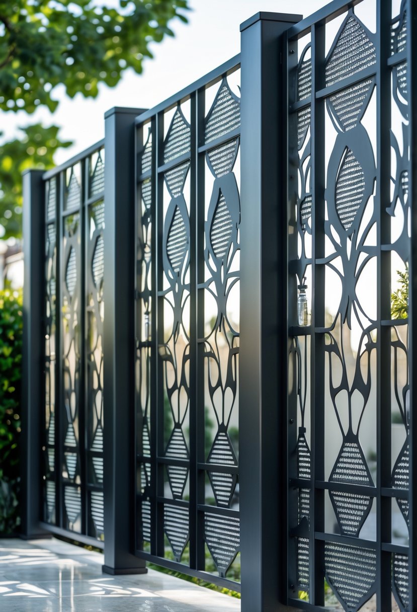 A fence with eight decorative metal panels featuring artistic cut-out designs, set outdoors with greenery in the background.