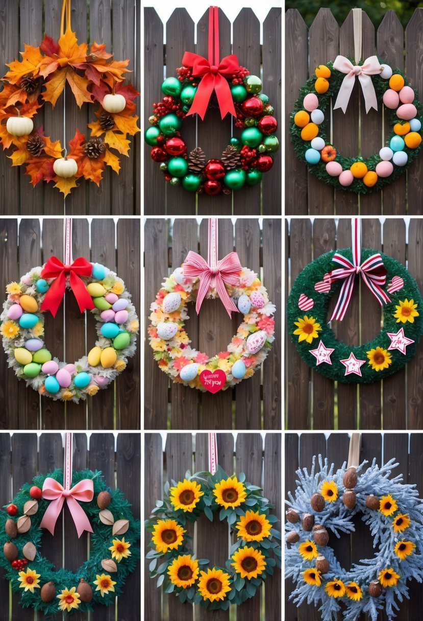 Eight seasonal wreaths hanging on a wooden fence, each decorated for different holidays and celebrations.