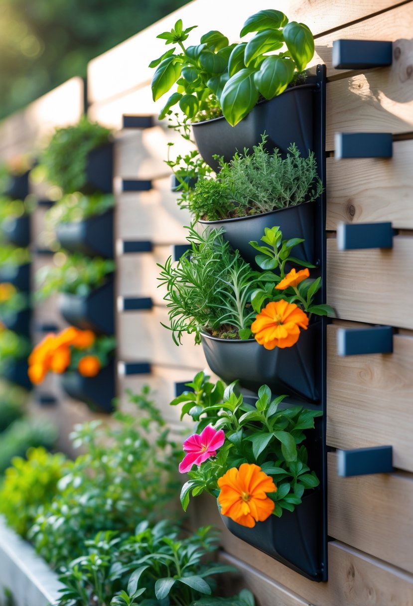 A vertical garden with pockets of herbs and flowers mounted on a wooden fence decorated with eight fence ornaments.