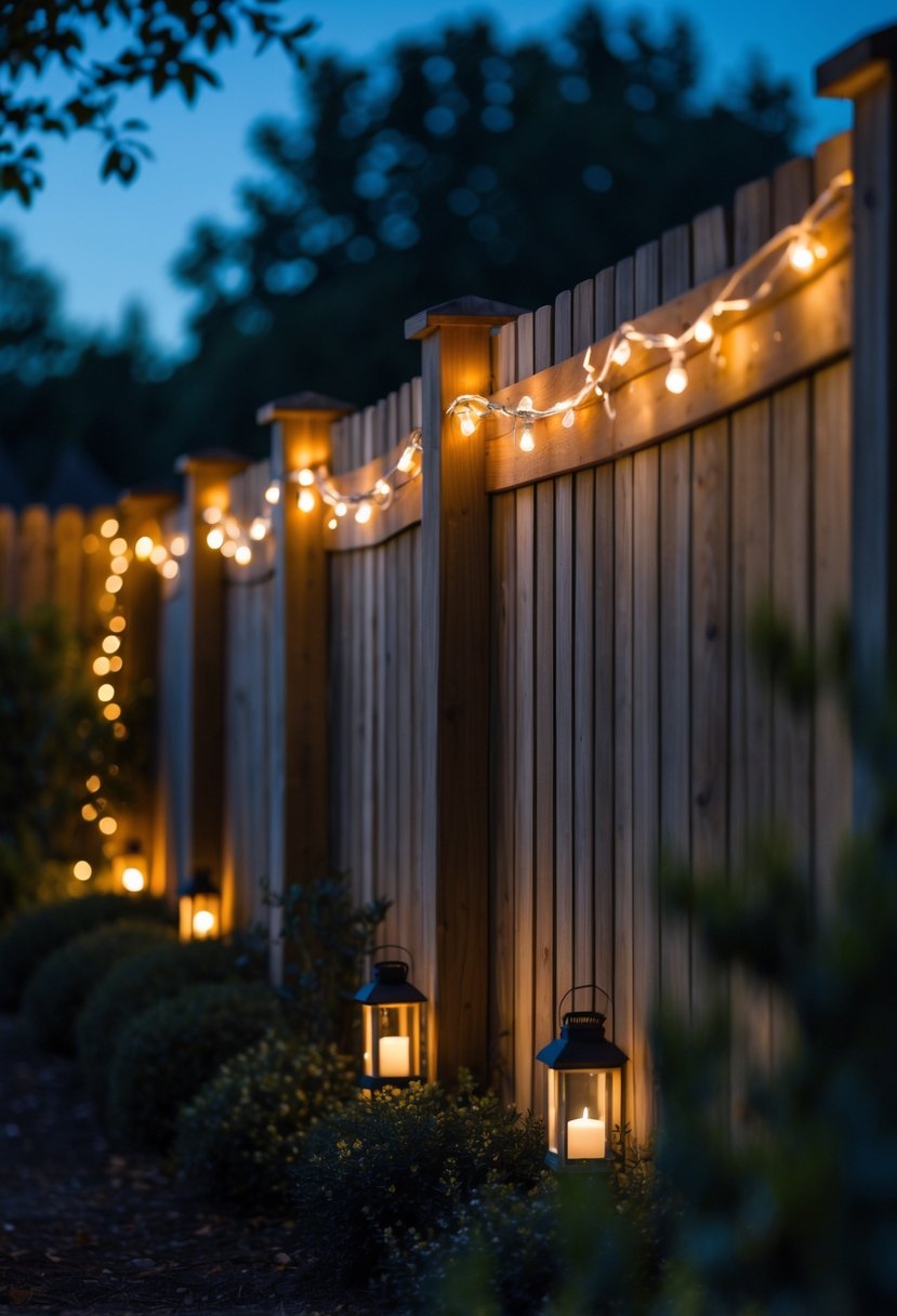 A wooden fence at night decorated with eight lanterns and string lights glowing warmly in a garden setting.