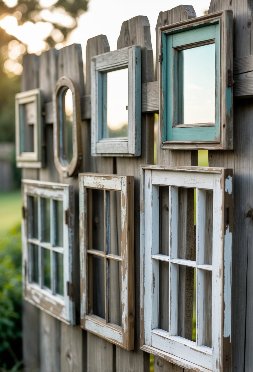 Eight vintage window frames and mirrors mounted on a wooden fence outdoors with greenery in the background.