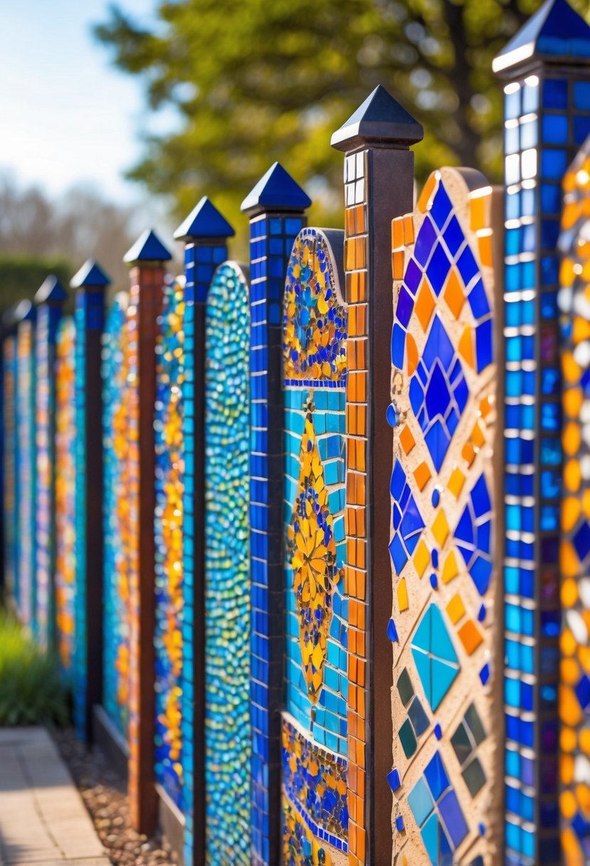 Eight decorative fence panels featuring colorful mosaic tile artwork outdoors.
