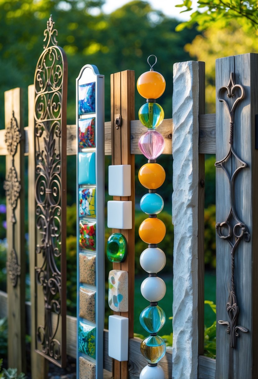 A wooden fence displaying eight different decorative items made from various materials including metal, wood, ceramic, glass, fabric, plastic, stone, and wrought iron, set outdoors with greenery in the background.