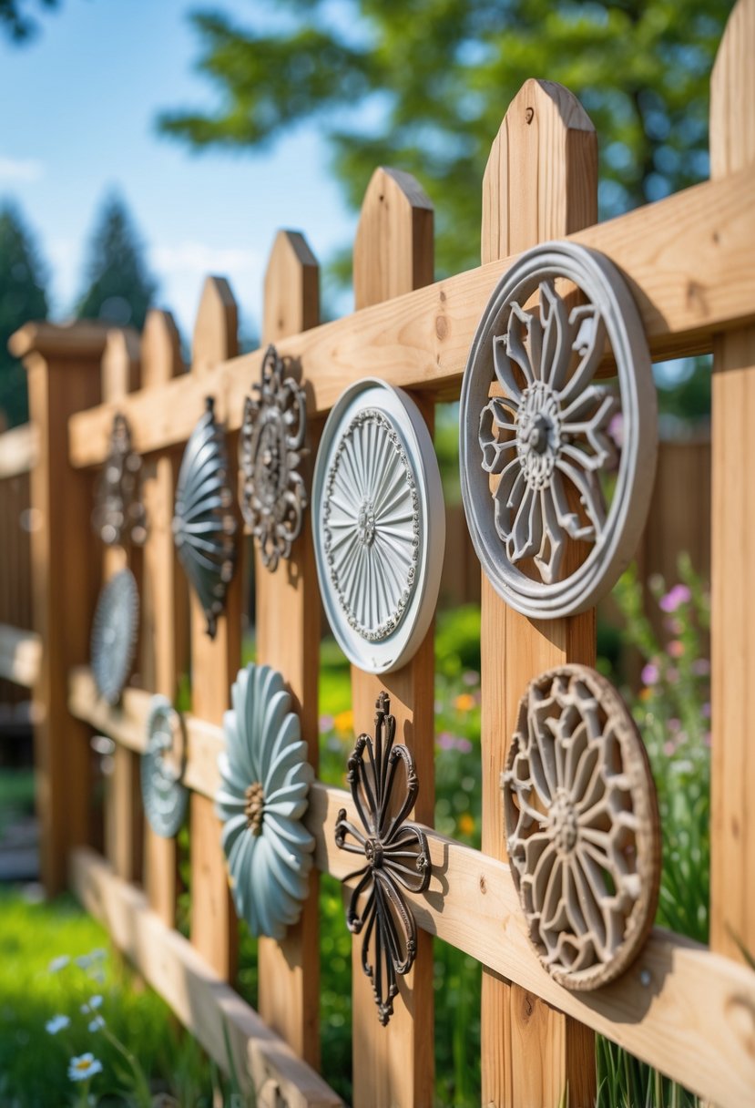 A wooden fence in a backyard with eight different decorative items attached, surrounded by grass and flowers.