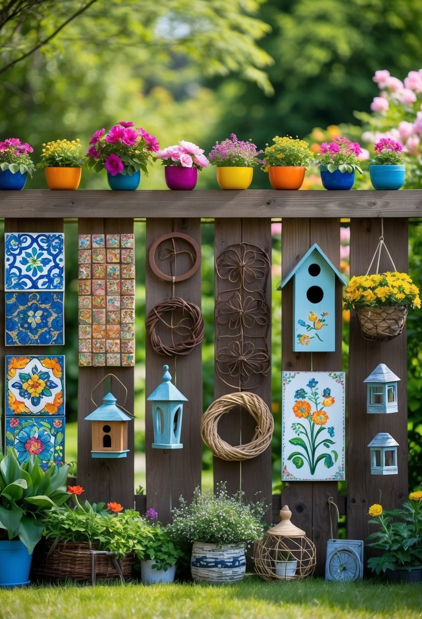 A wooden garden fence decorated with eight different types of colorful and creative outdoor decorations including flower pots, metal art, birdhouses, wreaths, lanterns, painted signs, and wind chimes in a sunny garden setting.