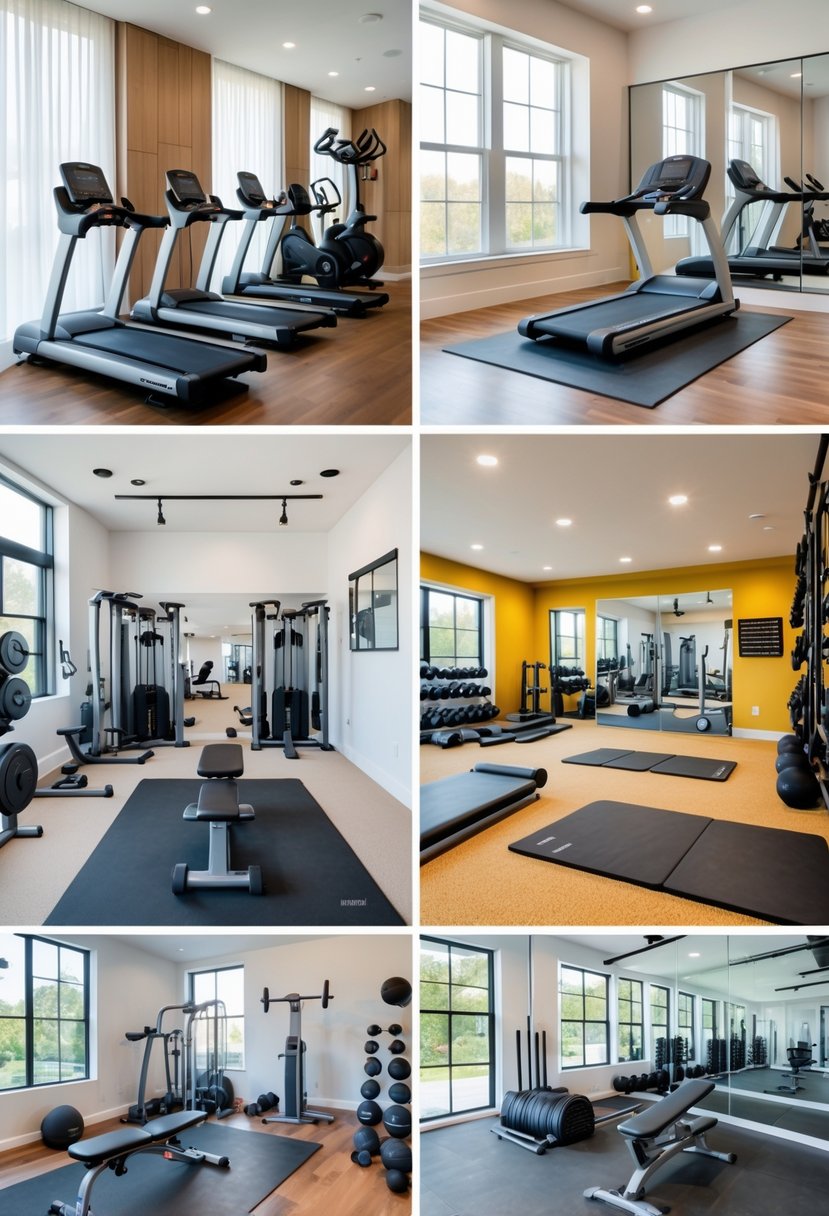 Seven different home gym setups with various exercise equipment and bright natural lighting.