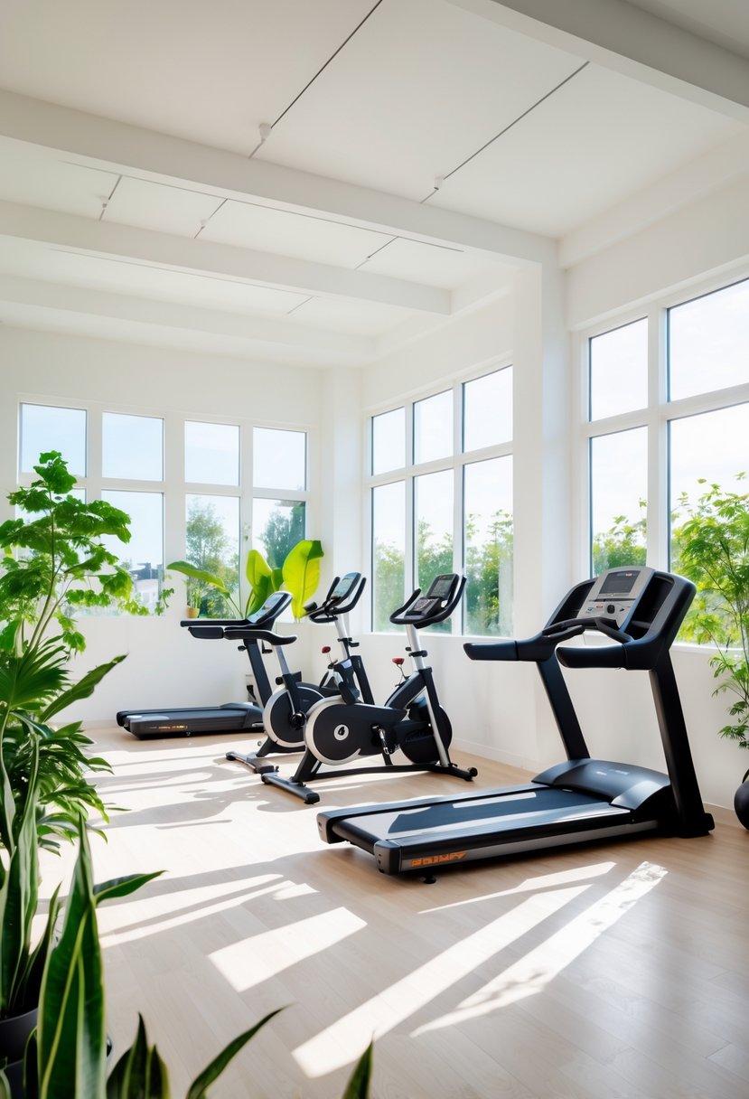 A bright home gym with large windows, exercise equipment, and plants in a clean, well-lit room.