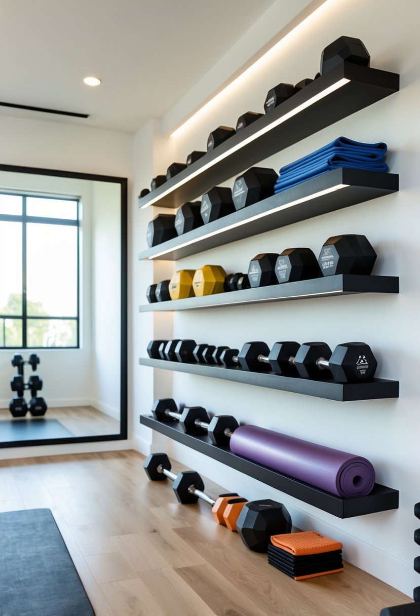 A home gym with wall-mounted floating shelves holding various workout equipment in a clean and organized space.