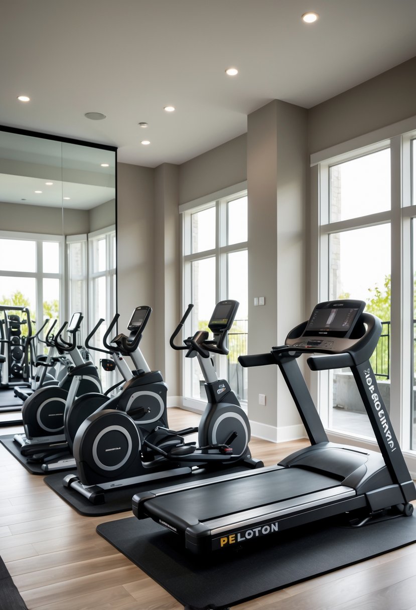 A home gym with a specific area containing a Peloton bike and a NordicTrack treadmill, surrounded by other gym equipment.