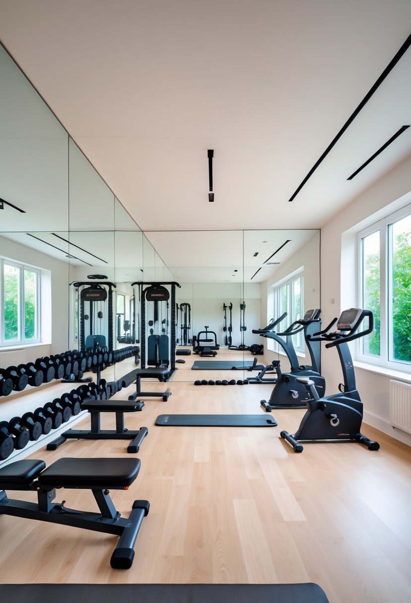 A spacious home gym with seven workout stations and large wall mirrors reflecting the equipment and room.