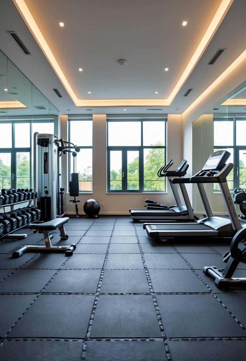 A home gym with rubber flooring tiles and various fitness equipment including dumbbells, a weight bench, and a treadmill.