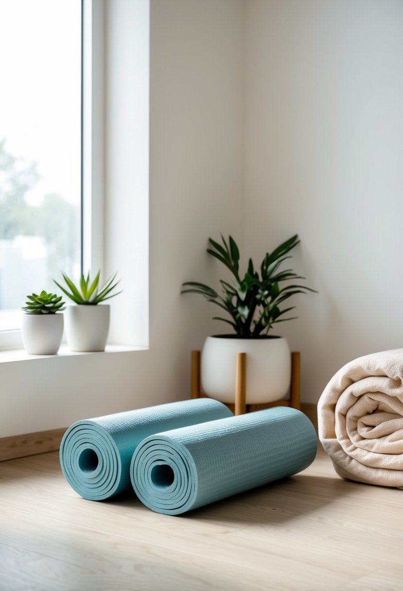 A peaceful yoga corner with two yoga mats on a wooden floor, a small plant on a shelf, and soft natural light coming through a window.
