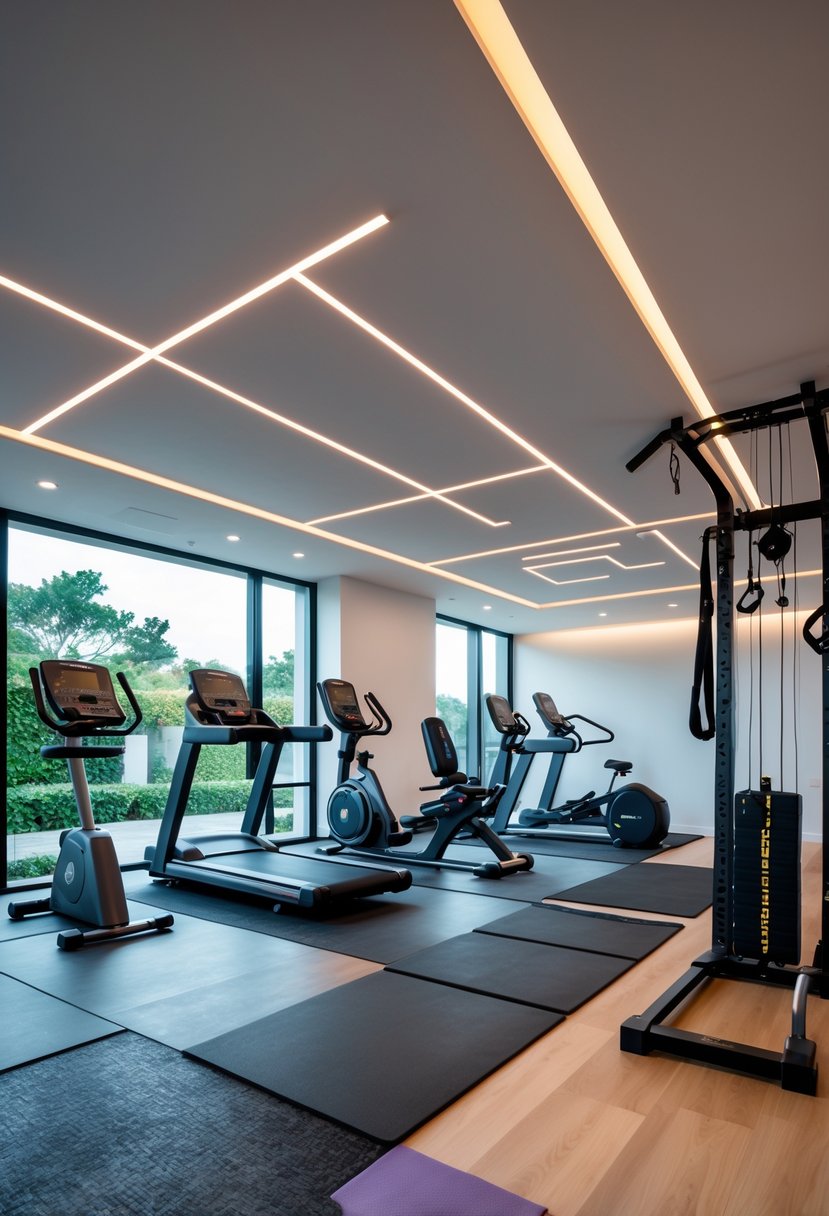 A modern home gym with seven workout areas and adjustable smart lighting illuminating the space.
