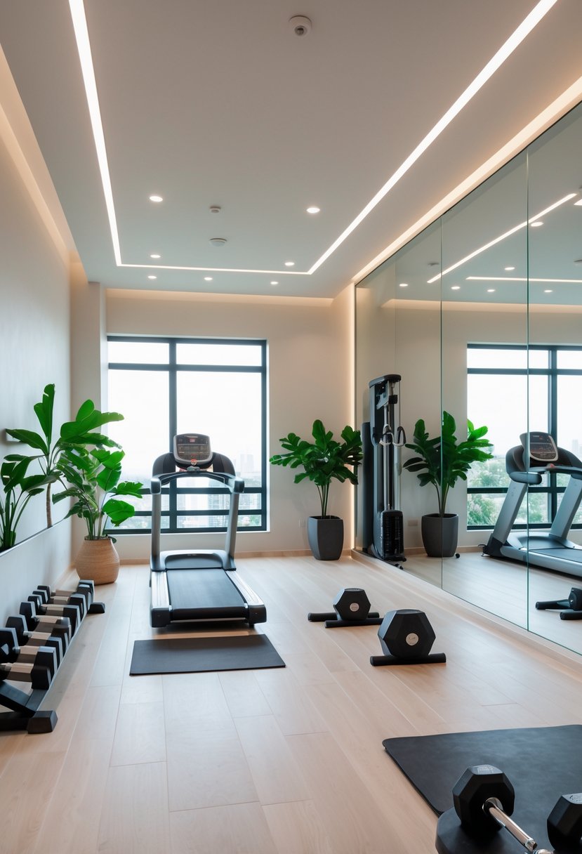 A bright and tidy home gym with workout equipment, large windows, wooden floors, and green plants.