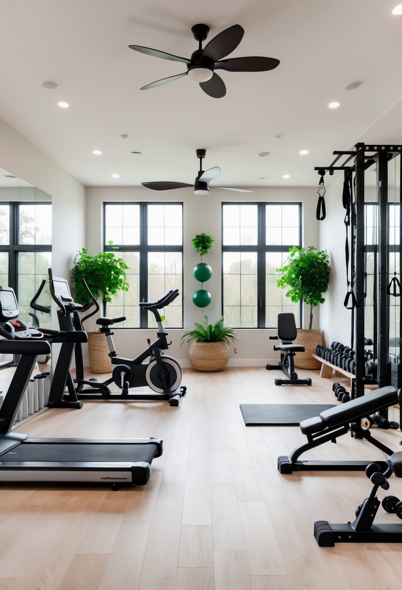 A bright home gym with seven workout areas including treadmill, weights, yoga mat, and resistance bands, with large windows and plants.