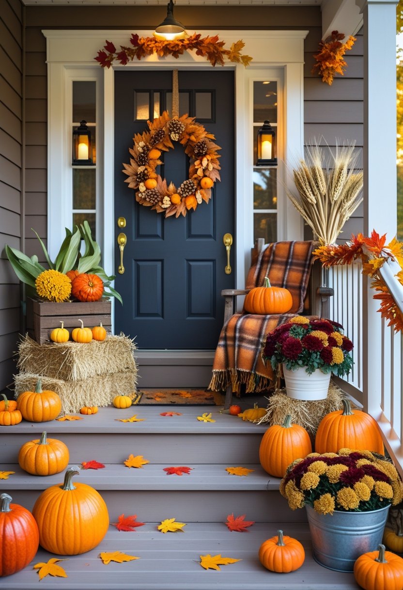 A front porch decorated with pumpkins, autumn leaves, hay bales, a wreath on the door, chrysanthemums, and fall foliage.