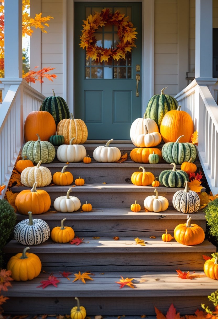 Front porch steps decorated with a variety of pumpkins and gourds for fall.