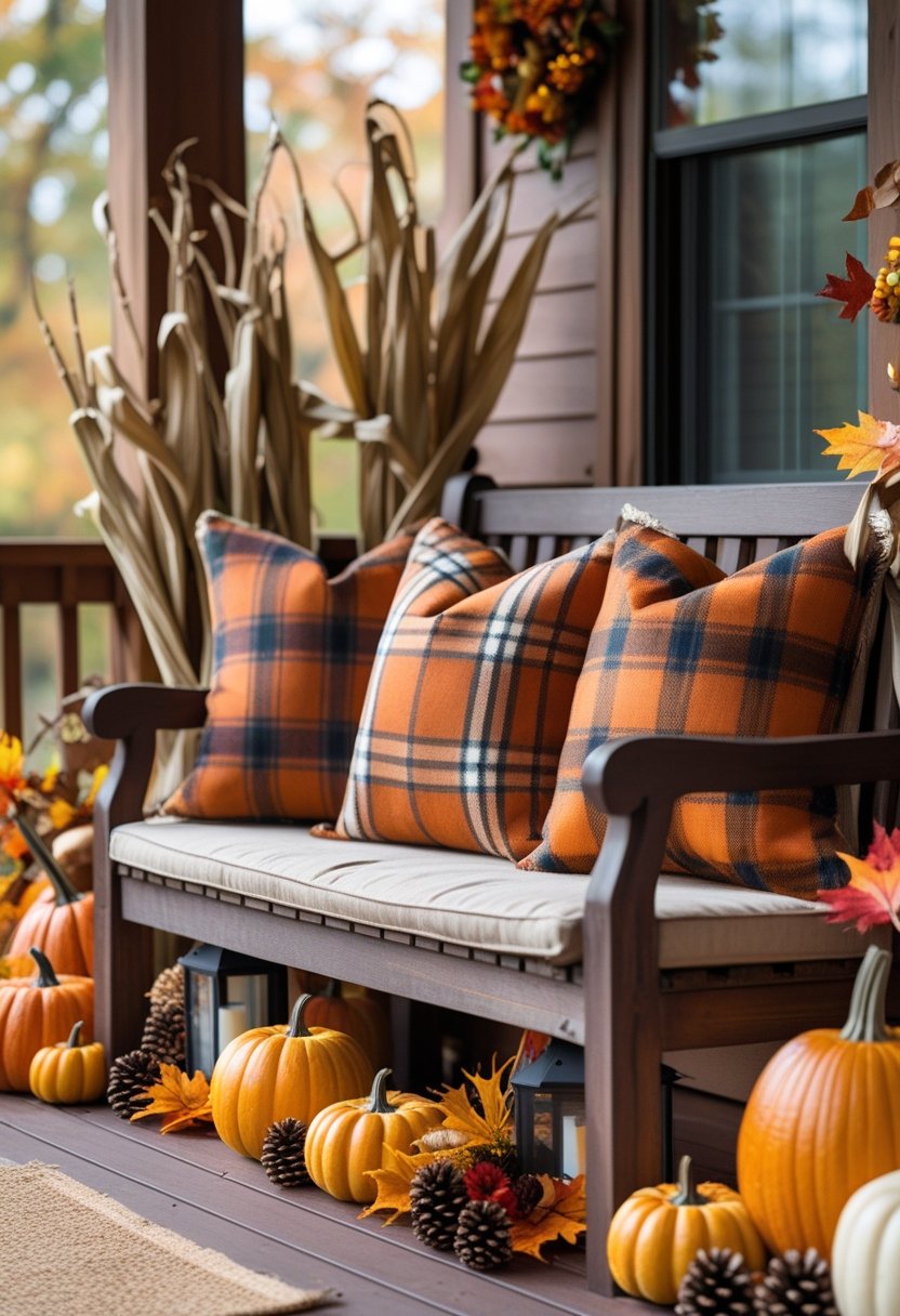 A porch with plaid burnt orange throw pillows arranged on a bench surrounded by fall decorations like pumpkins, leaves, and lanterns.