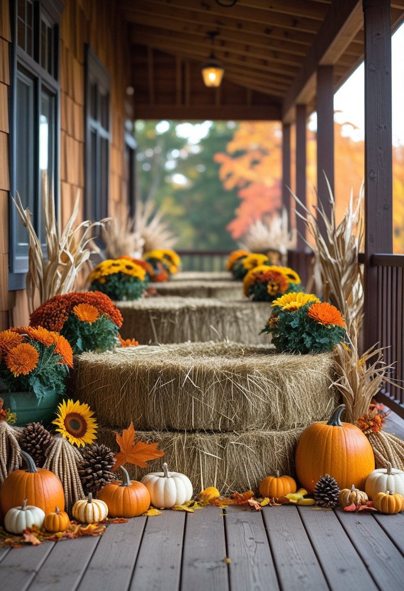 A porch decorated with hay bales, autumn flowers, pumpkins, and fall decorations.