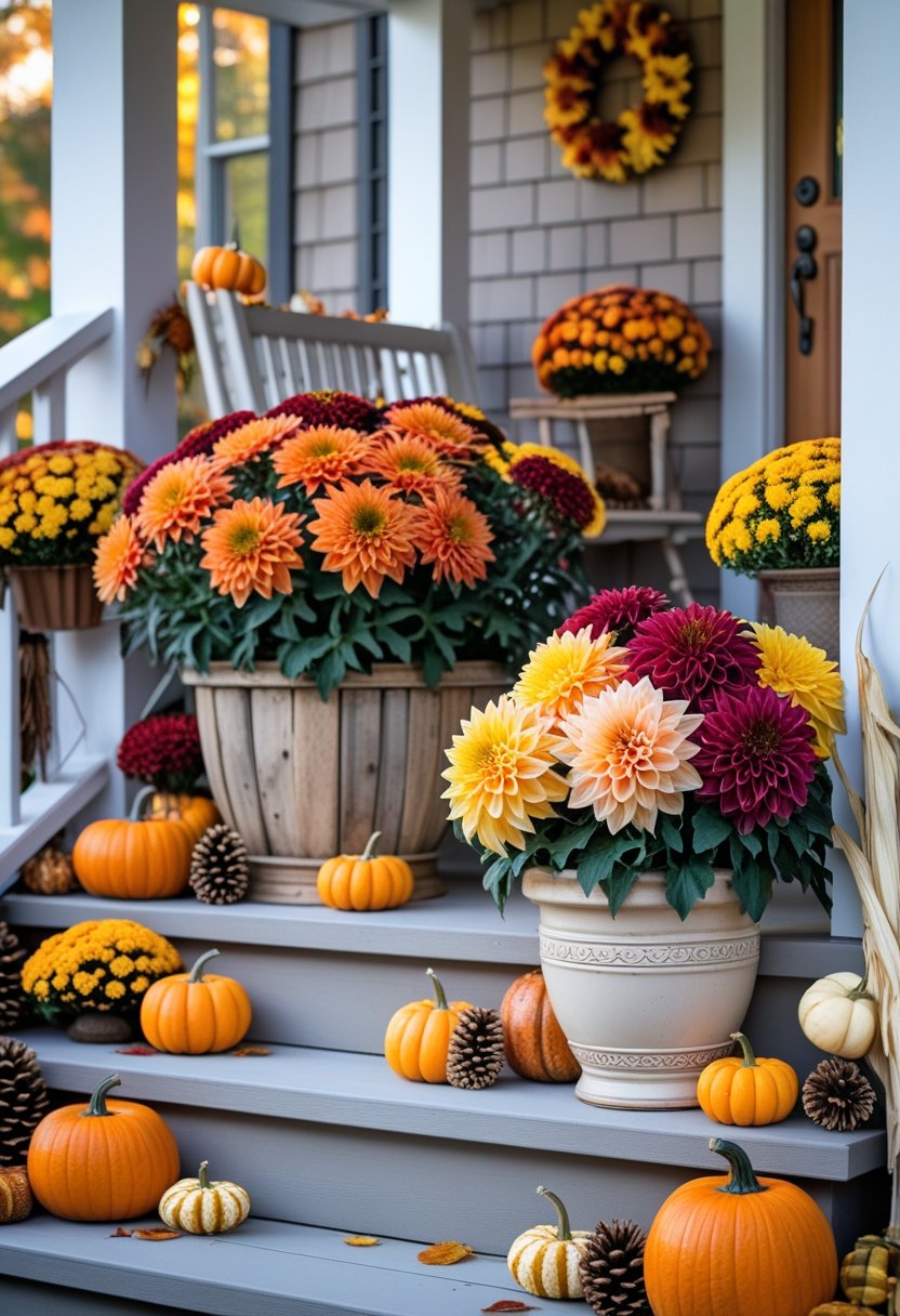A fall porch decorated with colorful mums and dahlias in planters, surrounded by pumpkins and other autumn decorations.