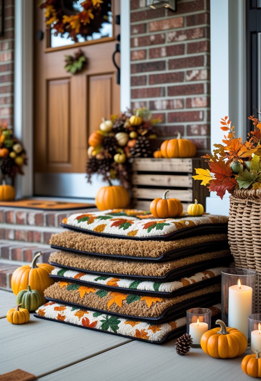 A porch with layered doormats and ten fall decorations including pumpkins, leaves, and candles.