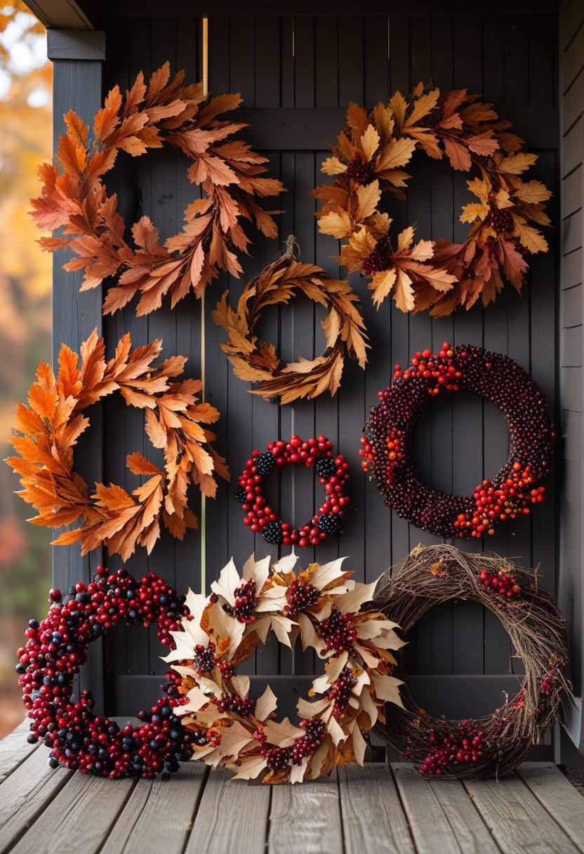 Ten fall wreaths made of dried leaves and berries displayed on a wooden porch.
