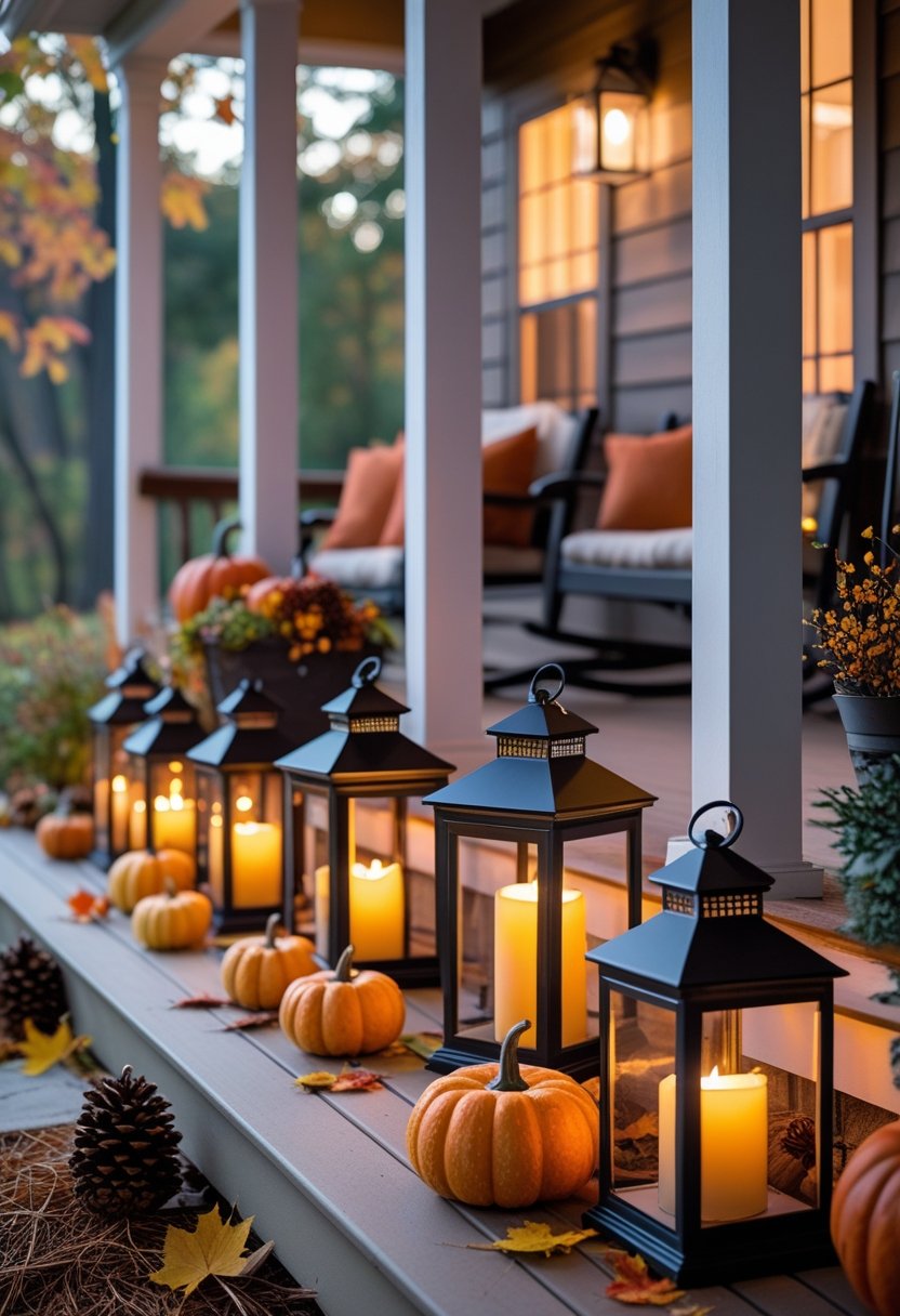 A porch decorated with ten lanterns holding LED candles and various fall decorations like pumpkins and leaves.