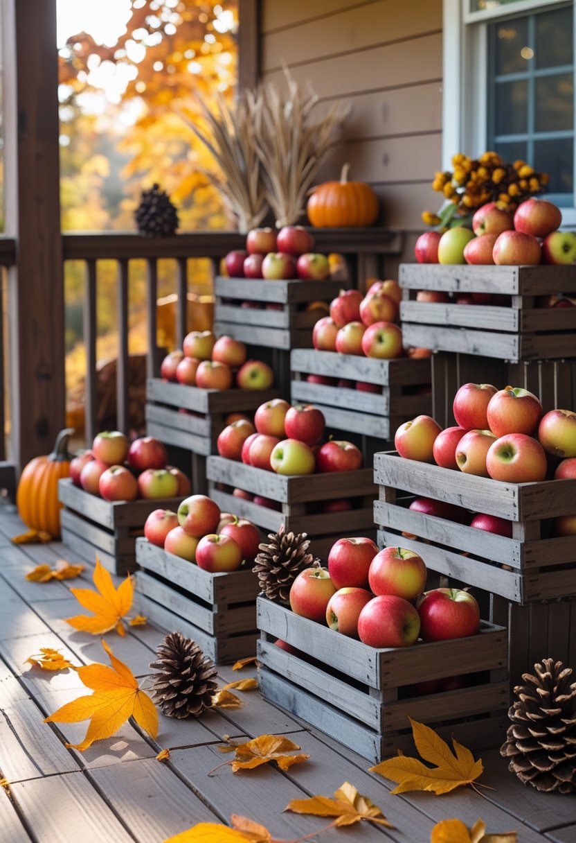 A porch with ten wooden crates filled with apples and pinecones surrounded by autumn leaves and fall decorations.