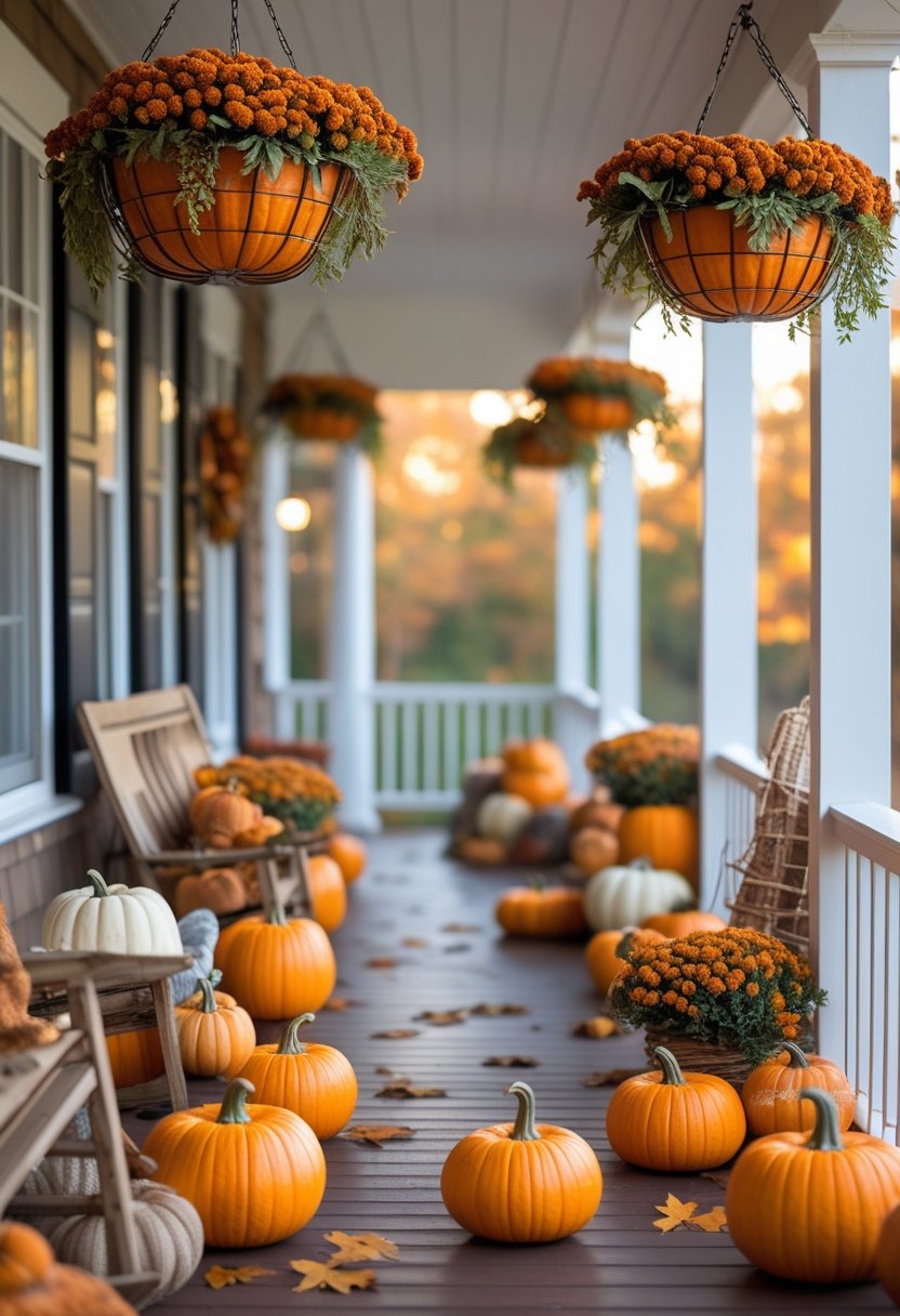 A porch decorated with hanging baskets filled with small pumpkins and other fall decorations.