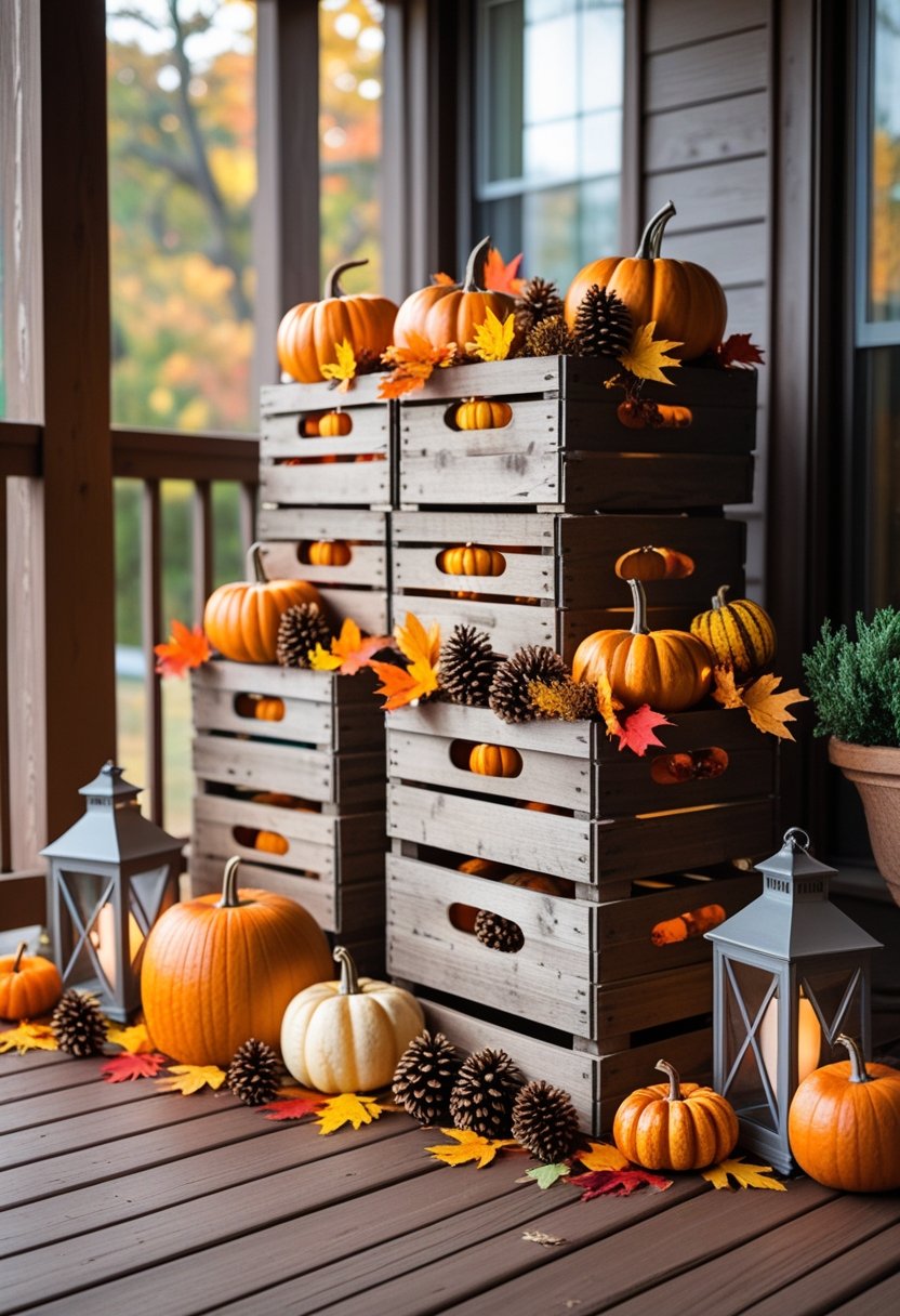 Stacked wooden crates on a porch decorated with pumpkins, autumn leaves, pinecones, and lanterns.