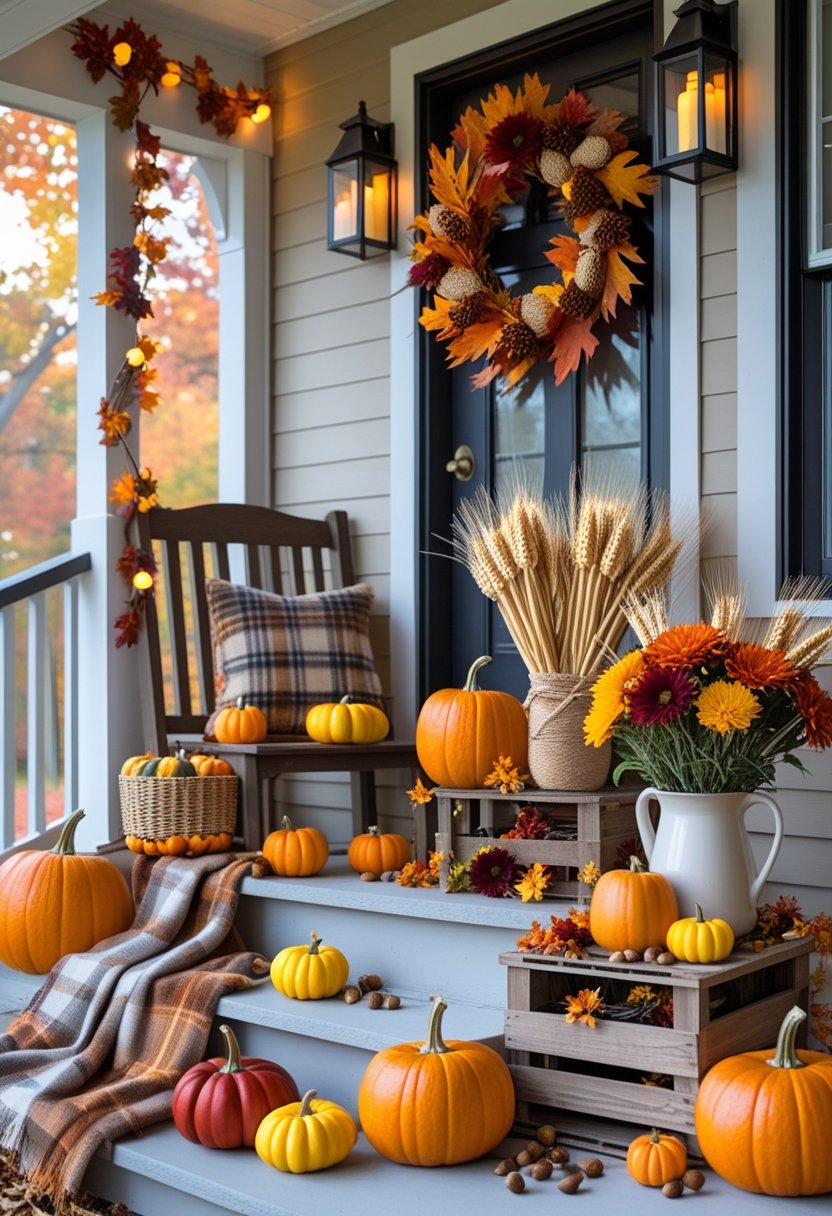 A fall porch decorated with pumpkins, autumn leaves, flowers, lanterns, and cozy seating.