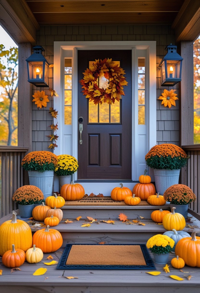 A fall porch decorated with pumpkins, autumn wreaths, lanterns, potted flowers, and a rustic bench, all arranged outdoors with scattered fallen leaves.