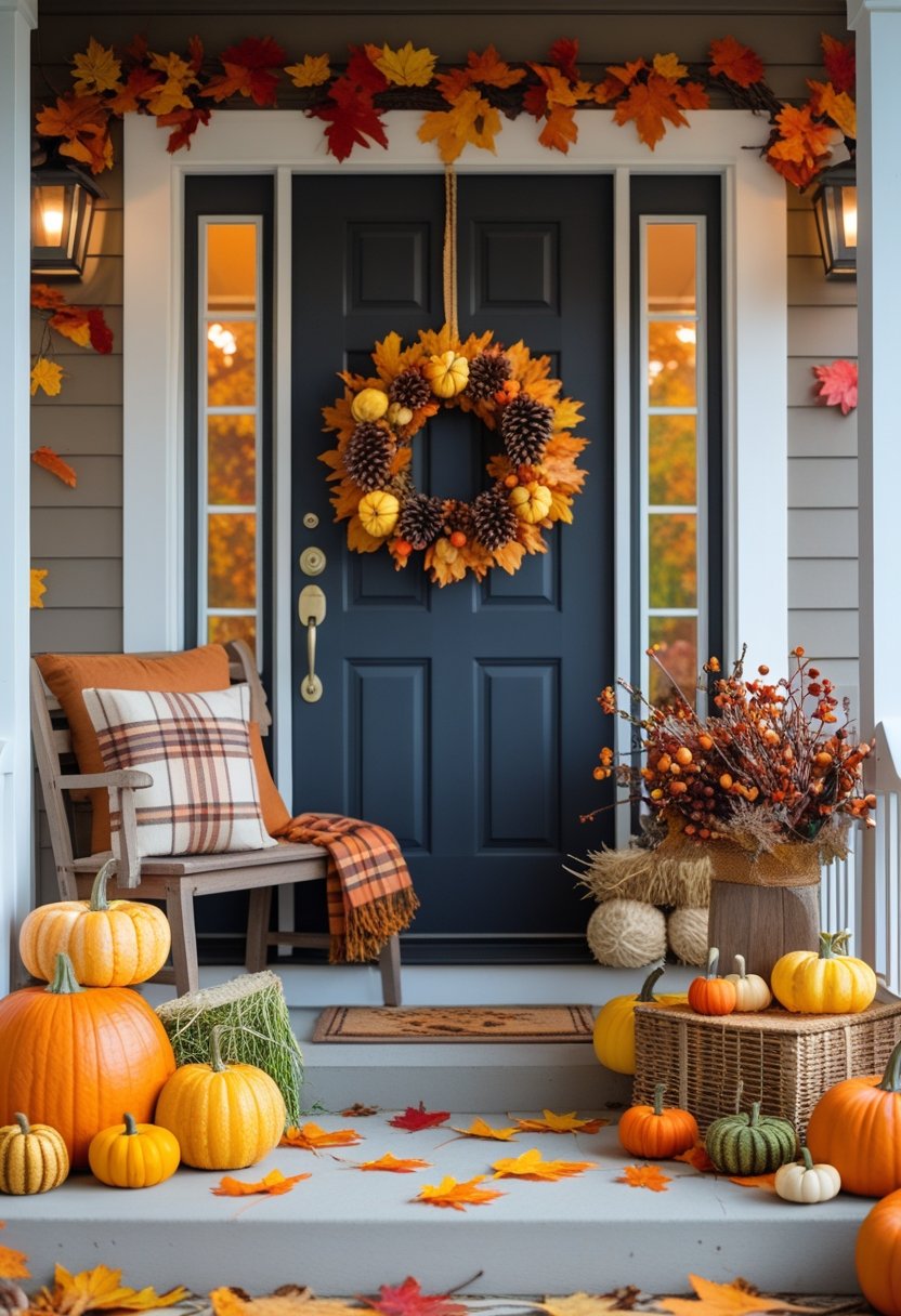 A front porch decorated with pumpkins, fall leaves, a wooden bench with plaid pillows, a basket of pinecones and gourds, and a wreath on the door.
