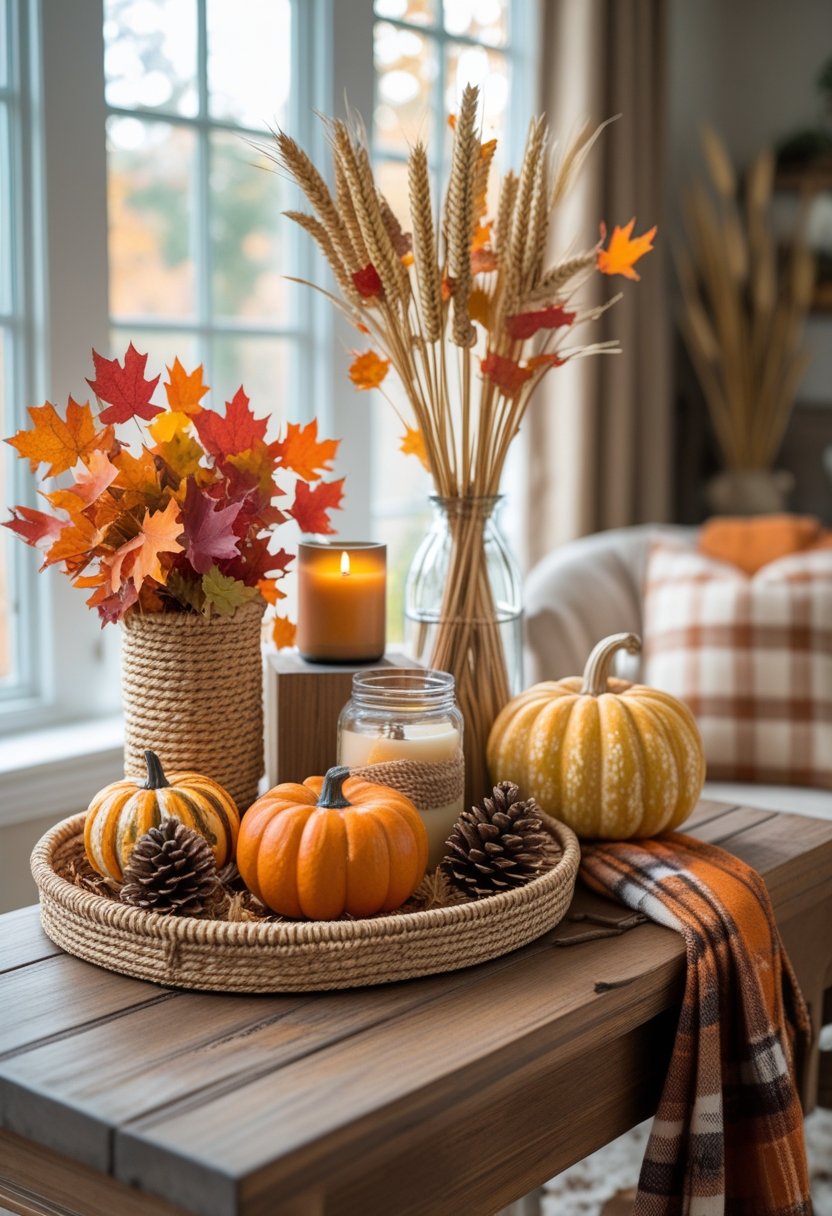 Seven fall decorations arranged on a wooden table in a cozy home, including a pumpkin, basket of leaves, candle, vase with wheat, gourd, pinecones, and a plaid blanket nearby.