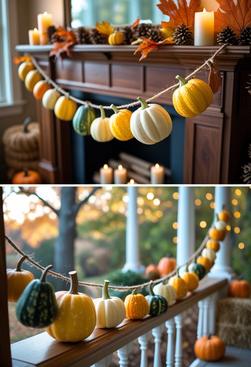 Rustic gourd garlands hanging indoors on a mantel and outdoors on a porch railing with fall decorations like pumpkins and autumn leaves.