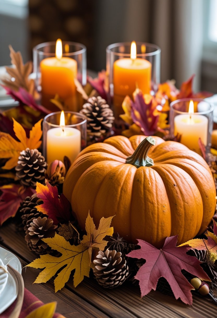 A pumpkin centerpiece with mixed fall leaves and lit candles arranged on a wooden table.