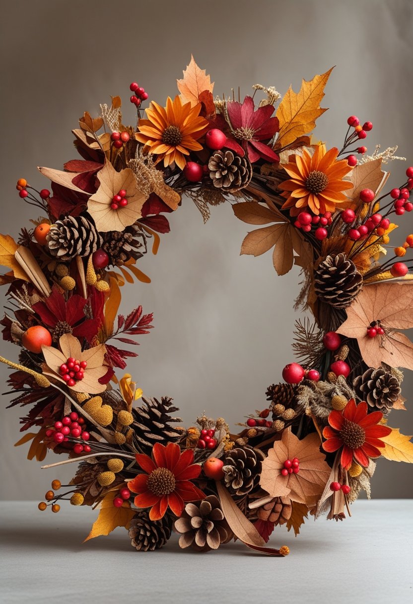 A cozy autumn wreath made of dried flowers, leaves, and berries arranged in a circle.