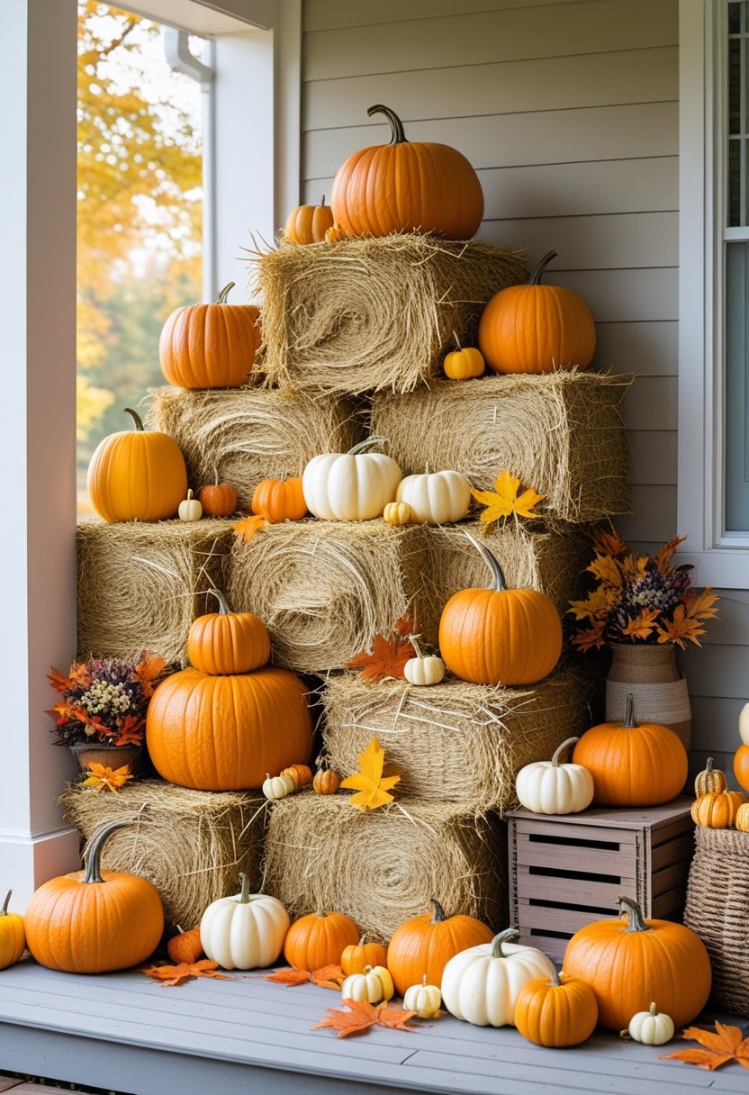 A porch decorated with stacked hay bales and assorted pumpkins for fall.