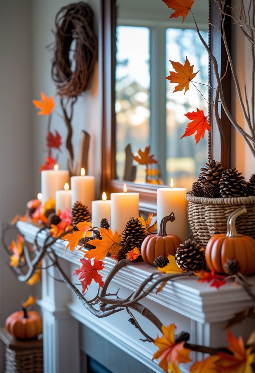 A fall mantel decorated with lit candles, faux autumn leaves, natural twigs, pumpkins, and pine cones.