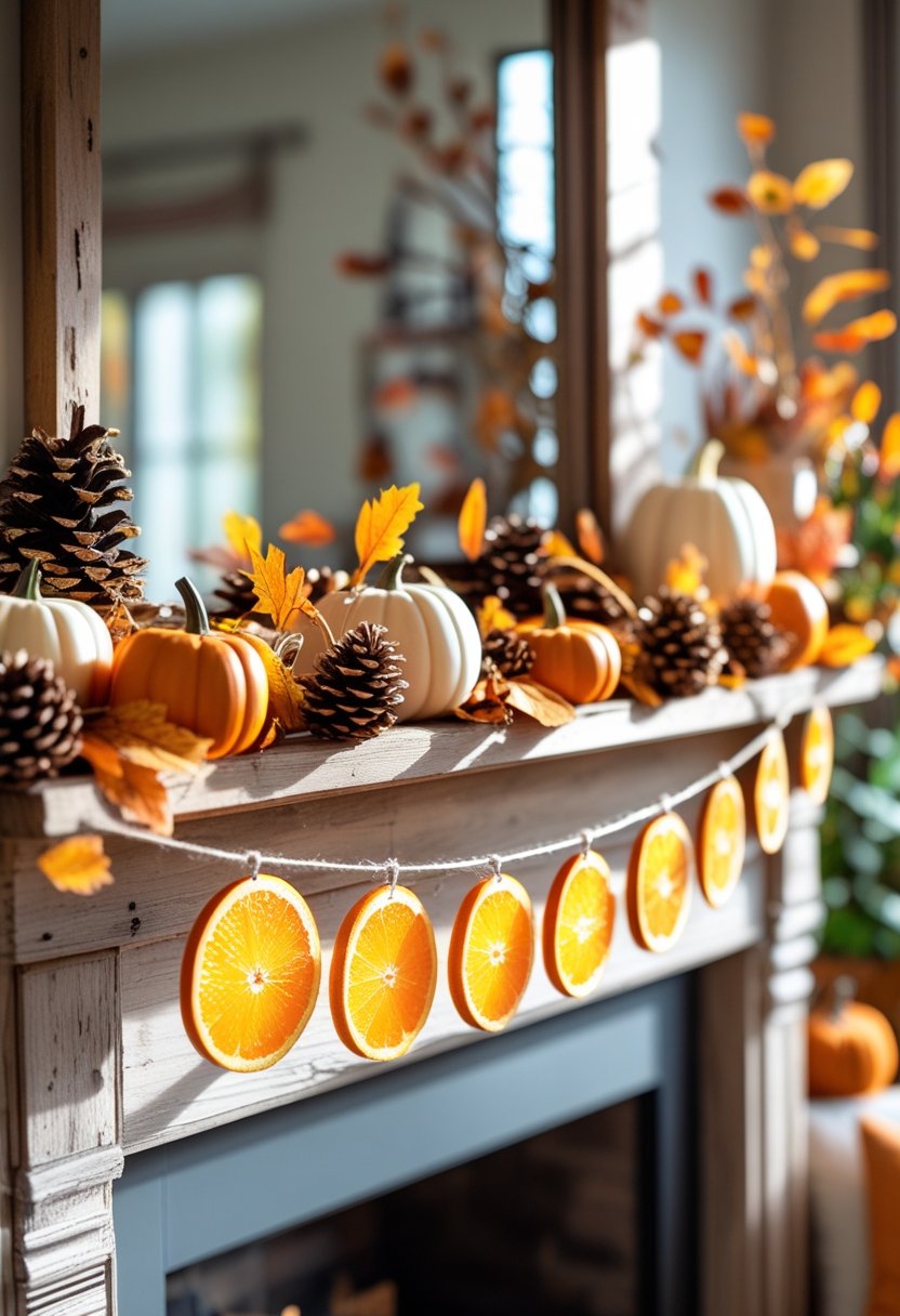 Cinnamon stick and orange slice garlands hanging on a wooden mantel with fall decorations like pumpkins and pinecones.