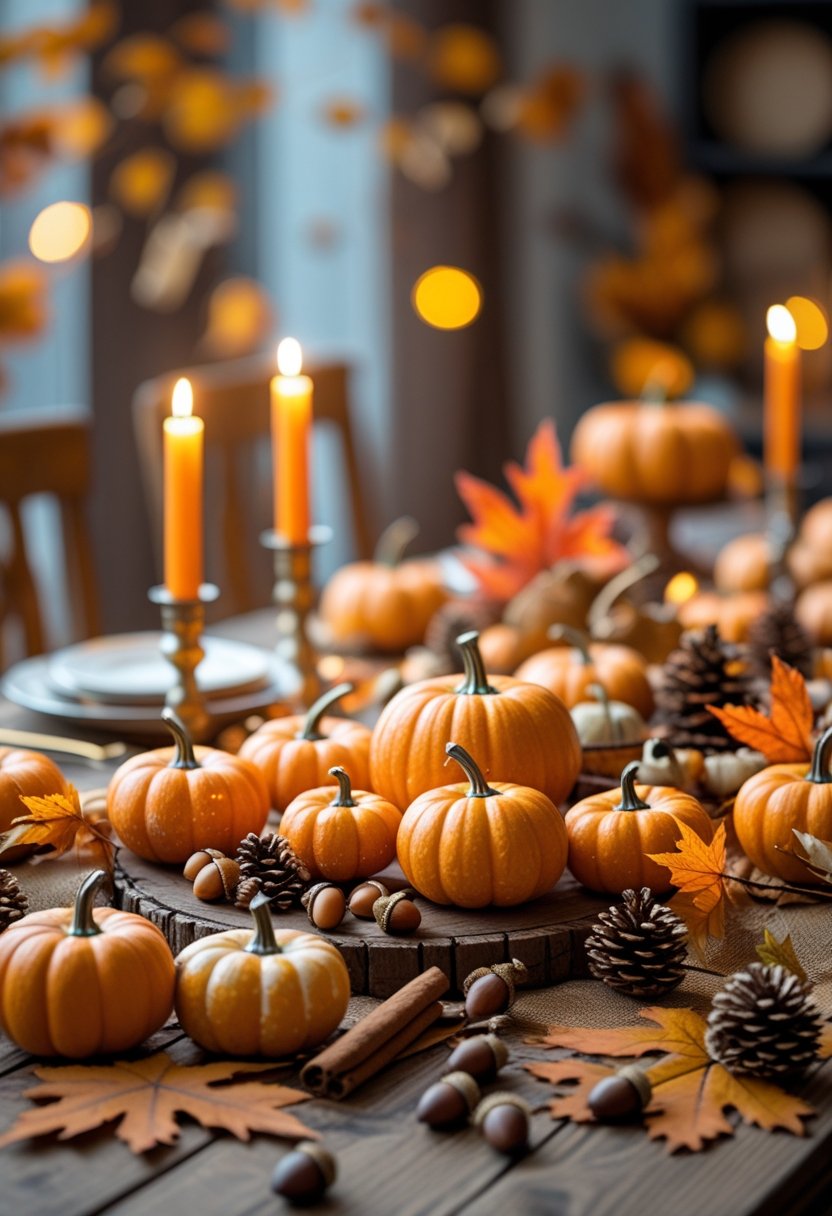 A fall-themed table decorated with small pumpkins, acorns, dried leaves, pinecones, and candles on a wooden surface.