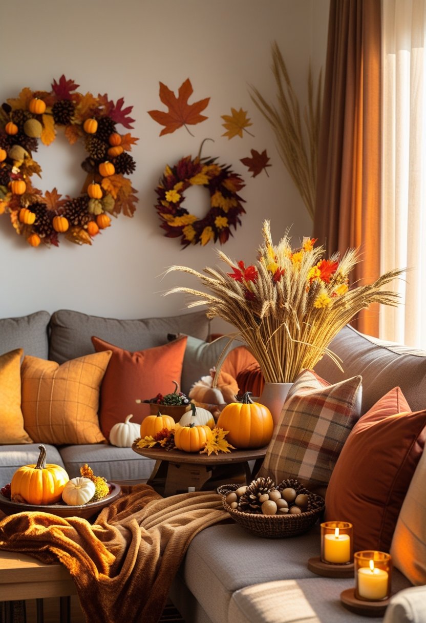 A cozy living room decorated with seven fall-themed items including pumpkins, autumn leaves, a wreath, candles, pillows, a throw blanket, and a vase with dried flowers.