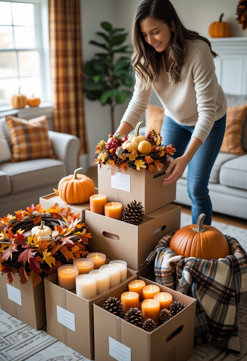 Person packing seven fall decorations into storage boxes in a bright living room.