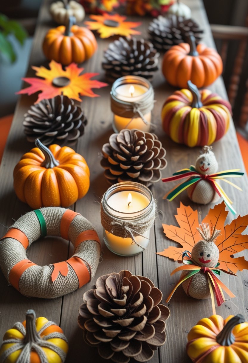 A table displaying eight different handmade fall decorations including pumpkins, leaf garlands, pinecone wreaths, and candle jars.