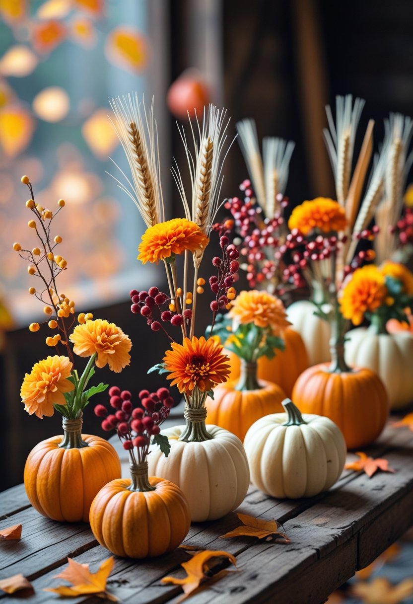Eight small pumpkins used as flower vases holding fall flowers arranged on a wooden table with autumn leaves in the background.