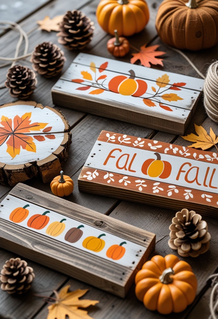 A collection of rustic wooden fall decorations made from scrap wood, arranged with pumpkins, leaves, and pinecones on a wooden surface.