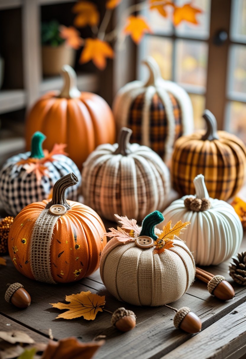 A collection of eight handmade fall pumpkin decorations arranged on a wooden table with autumn leaves and seasonal accents.