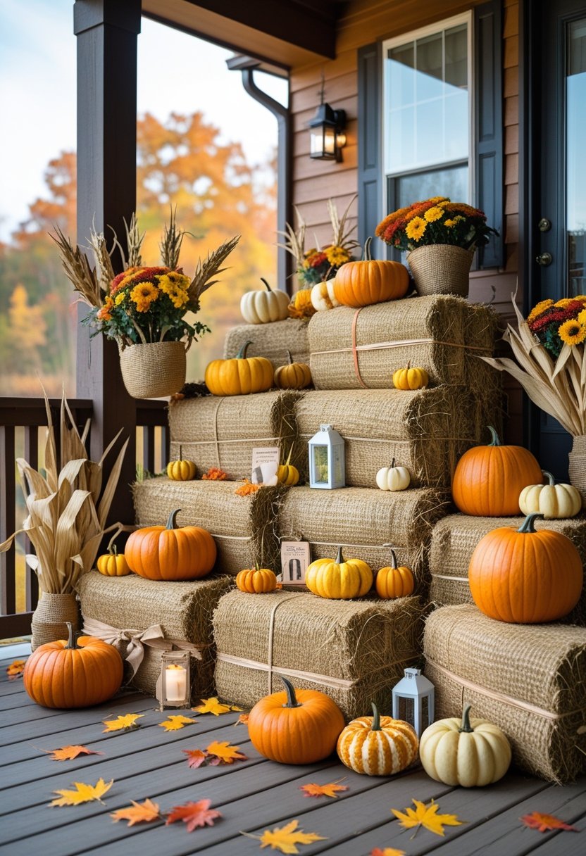 A porch decorated for fall with hay bales, pumpkins, gourds, autumn leaves, and seasonal flowers arranged around a wooden floor.