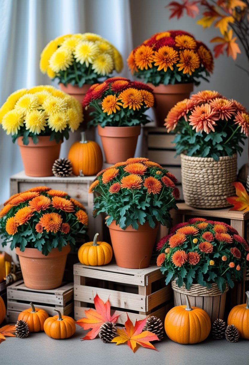 Eight colorful mum plant arrangements decorated with pumpkins, autumn leaves, and pine cones on a wooden surface.