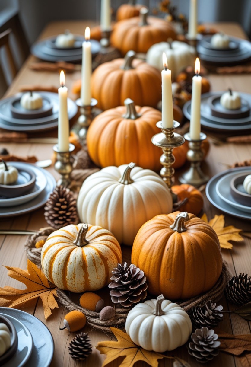 A table with pumpkins and lit candles arranged as autumn centerpieces surrounded by fall decorations.